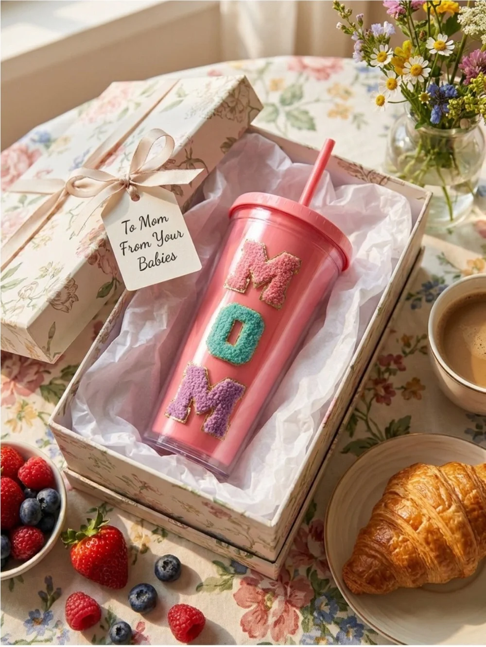 Viral 'MOM' Retro Chenille Patch Decorative Tumbler with Straw